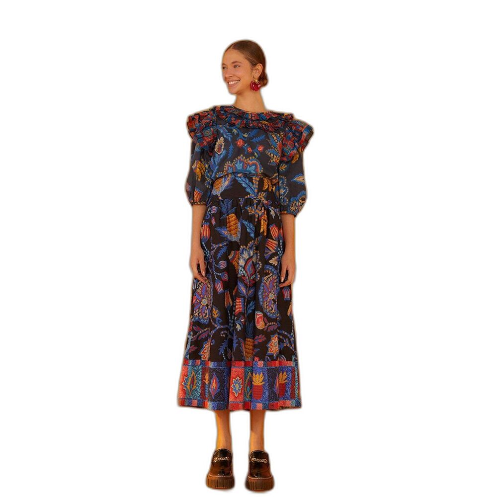 Farm Rio Sunset Tapestry Black Floral Border Print Boho A-Line Midi Skirt Sz M
